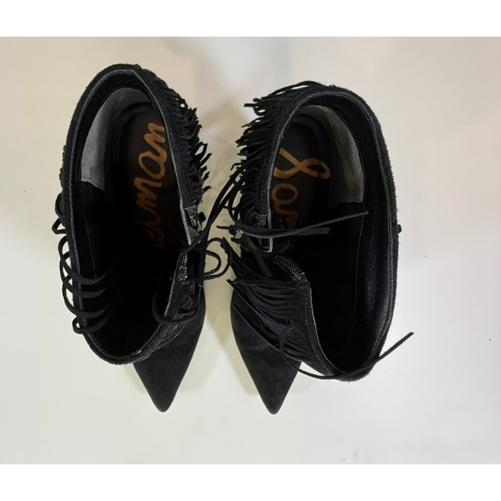 Sam Edelman Blk Suede Fringe Ankle Booties Pointed Toe Side Zip Heeled Boots 9 - Picture 2 of 6